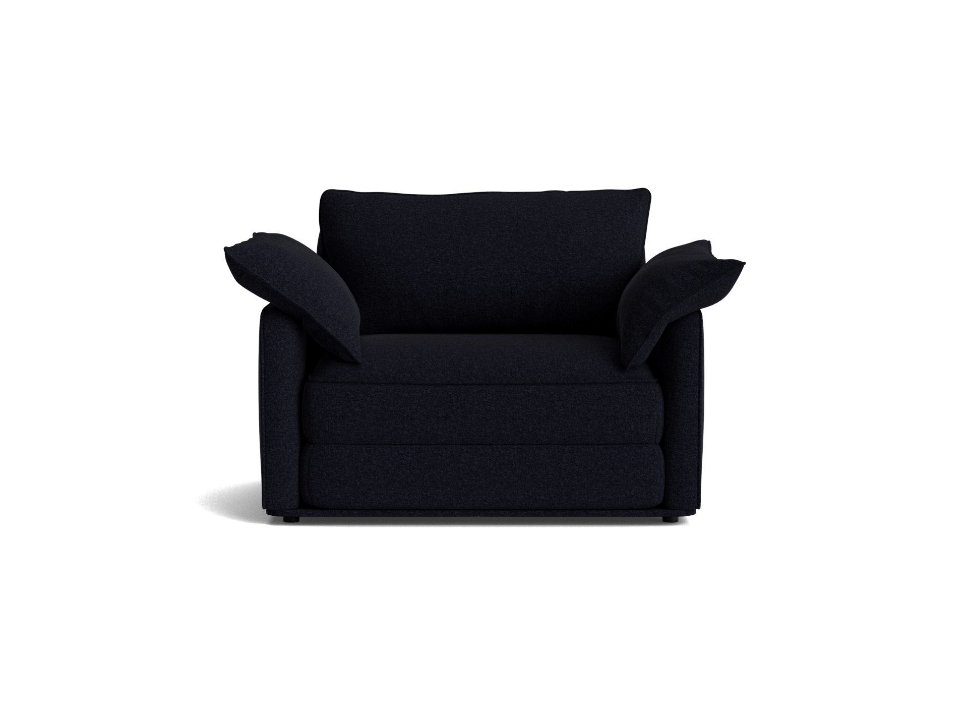 Dark grey armchair with folded armrests and a boxy design, featuring a cushioned seat and backrest.