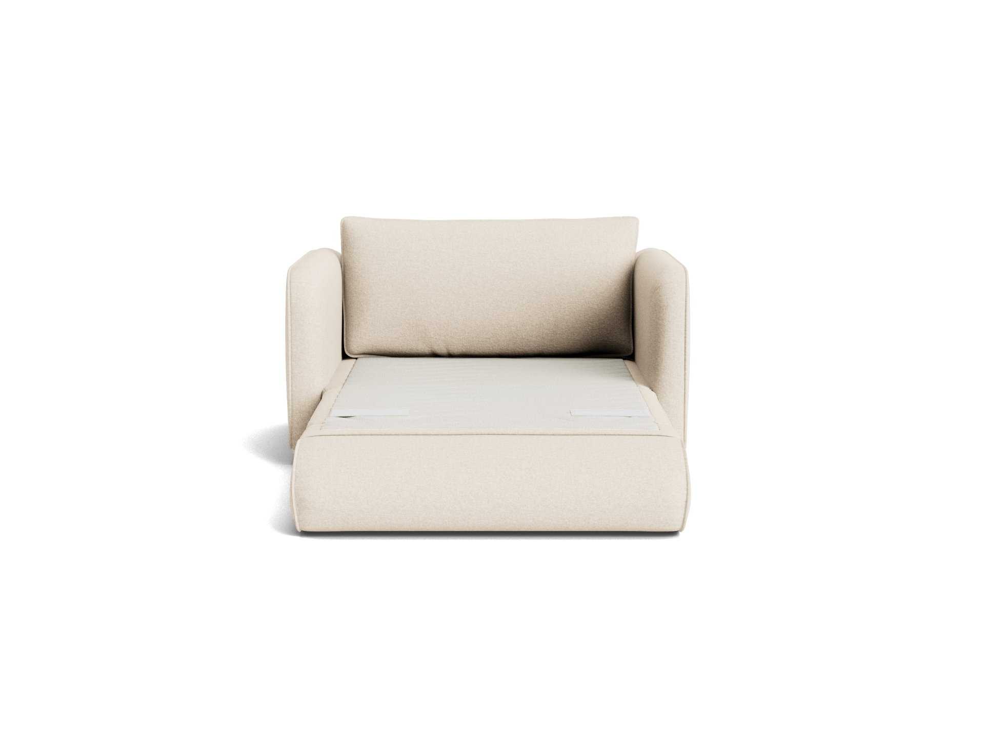 Beige pull-out sofa bed with a minimalist design, featuring soft cushions and sleek, straight arms. Perfect for small living spaces.