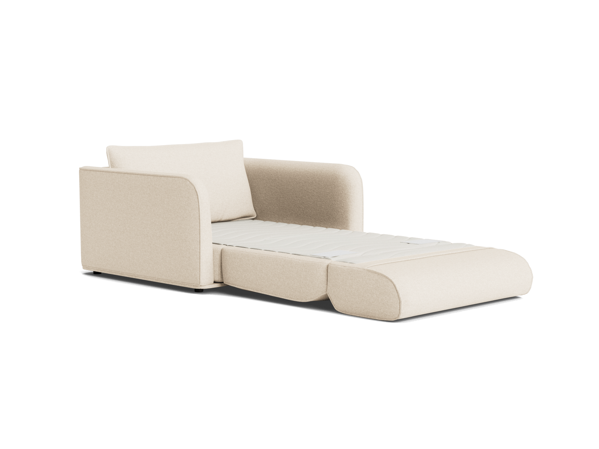 Beige sofa bed with a modern design, featuring a pull-out mechanism and a rectangular cushion. Ideal for compact living spaces.