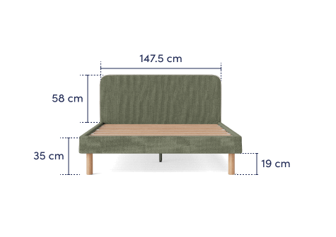 Olive green bed frame with a striped headboard, wooden slats, and light brown legs. Measurements: 147.5 cm width, 58 cm headboard height, 35 cm frame height.
