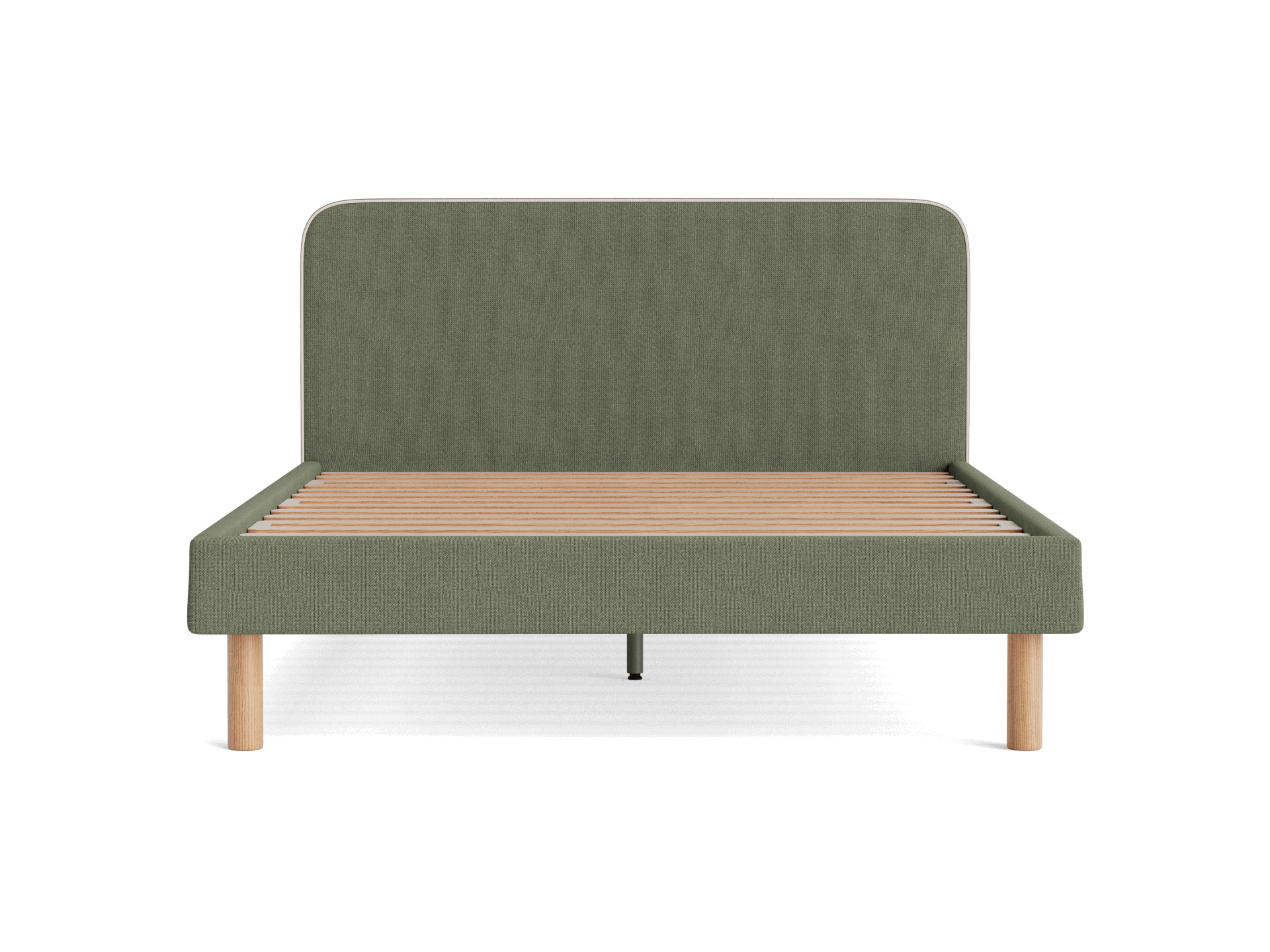 Olive green upholstered bed frame with a tall headboard and wooden slats, featuring light brown wooden legs.