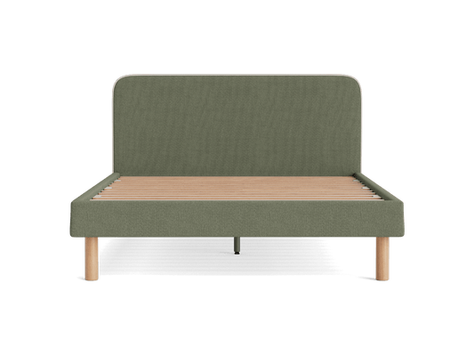 Olive green upholstered bed frame with a tall headboard and wooden slats, featuring light brown wooden legs.