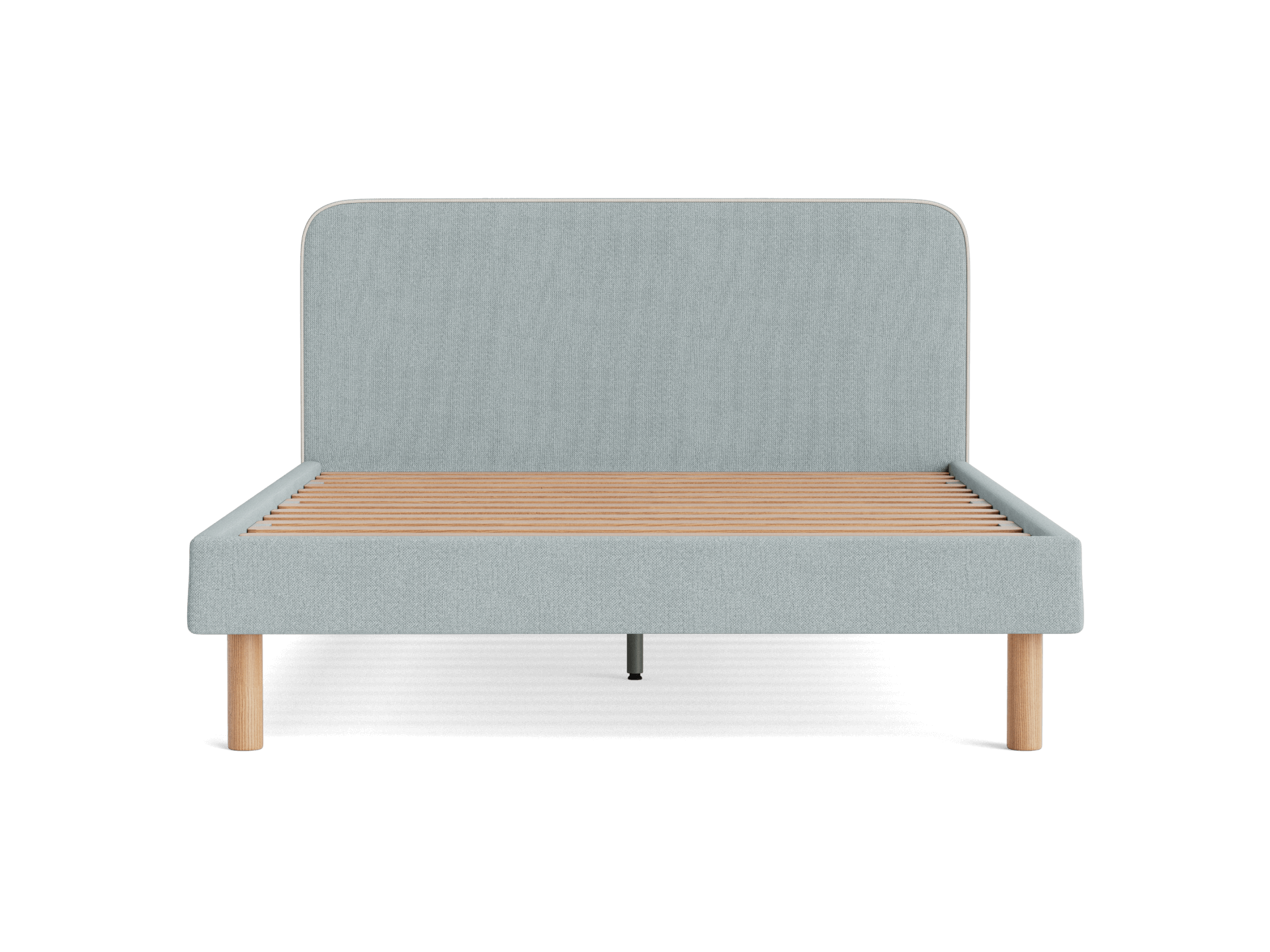 Light grey upholstered bed frame with wooden slats and legs, featuring a high backrest.