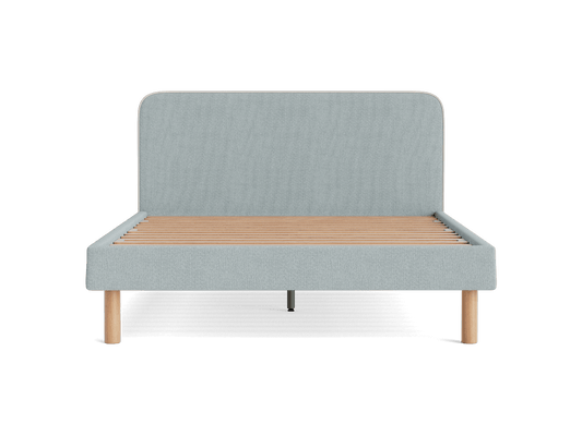 Light grey upholstered bed frame with wooden slats and legs, featuring a high backrest.