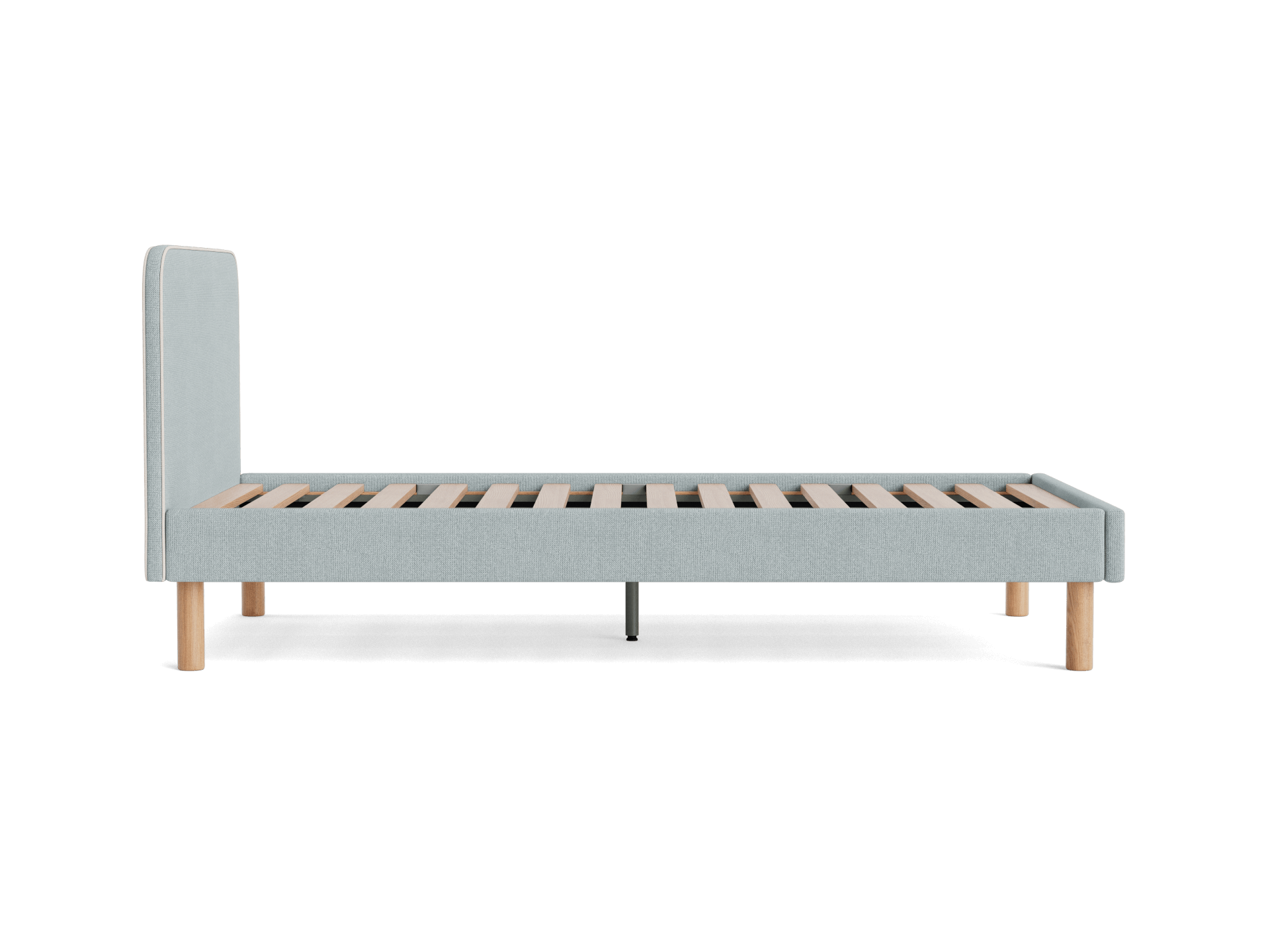 Light grey single bed frame with upholstered headboard and wooden legs. Slatted wooden base visible, no mattress included.
