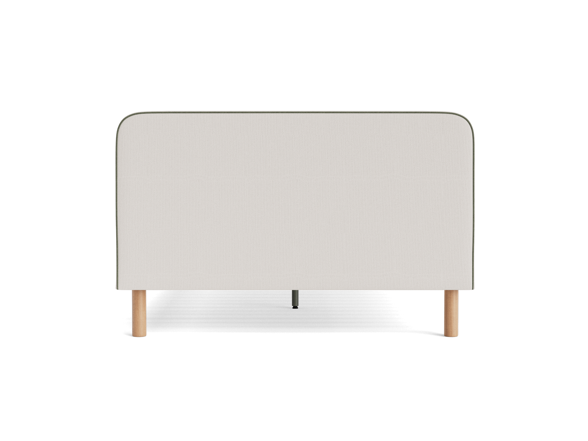 Light grey upholstered bed headboard with rounded edges, supported by light wood legs.