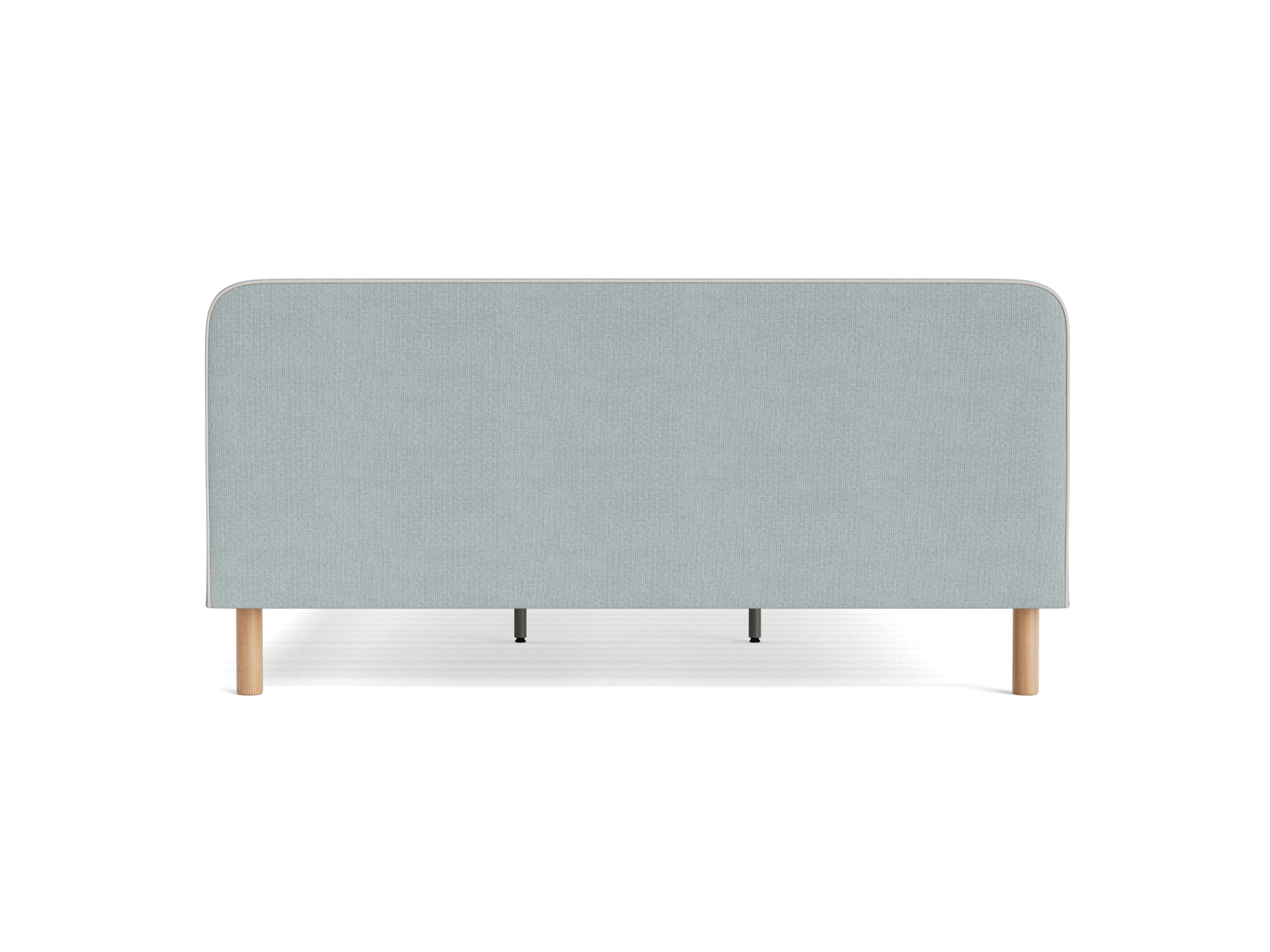 Light grey fabric bedhead with straight lines and rounded corners, supported by four light wooden legs. Simple, modern bedroom furniture design.