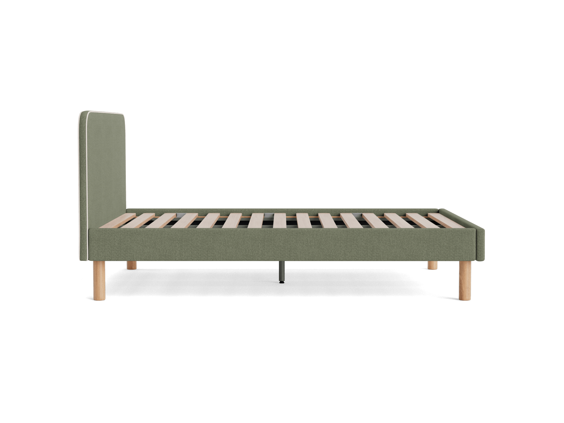 Green upholstered bed frame with a minimalist design, featuring wooden slats and light brown legs, viewed from the side.