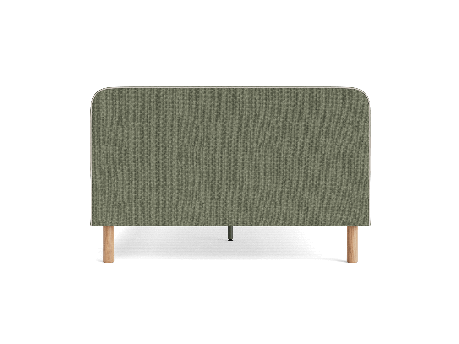 Olive green upholstered headboard with rounded corners and wooden legs, suitable for a bed frame.