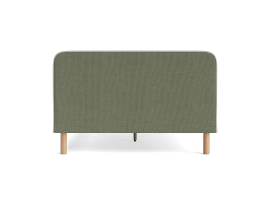 Olive green upholstered headboard with rounded corners and wooden legs, suitable for a bed frame.