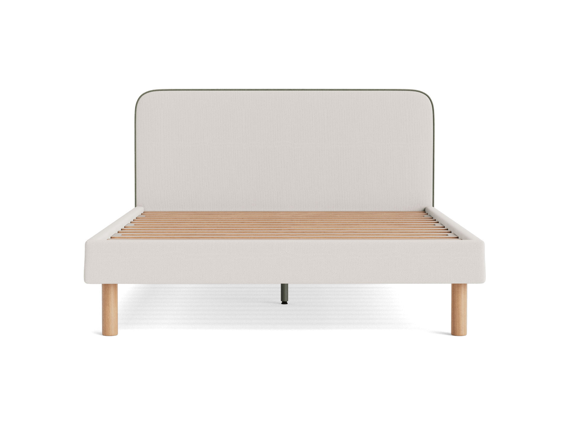 Light grey upholstered bed frame with a wooden slat base and natural wood legs, viewed from the front. Simple and modern design.
