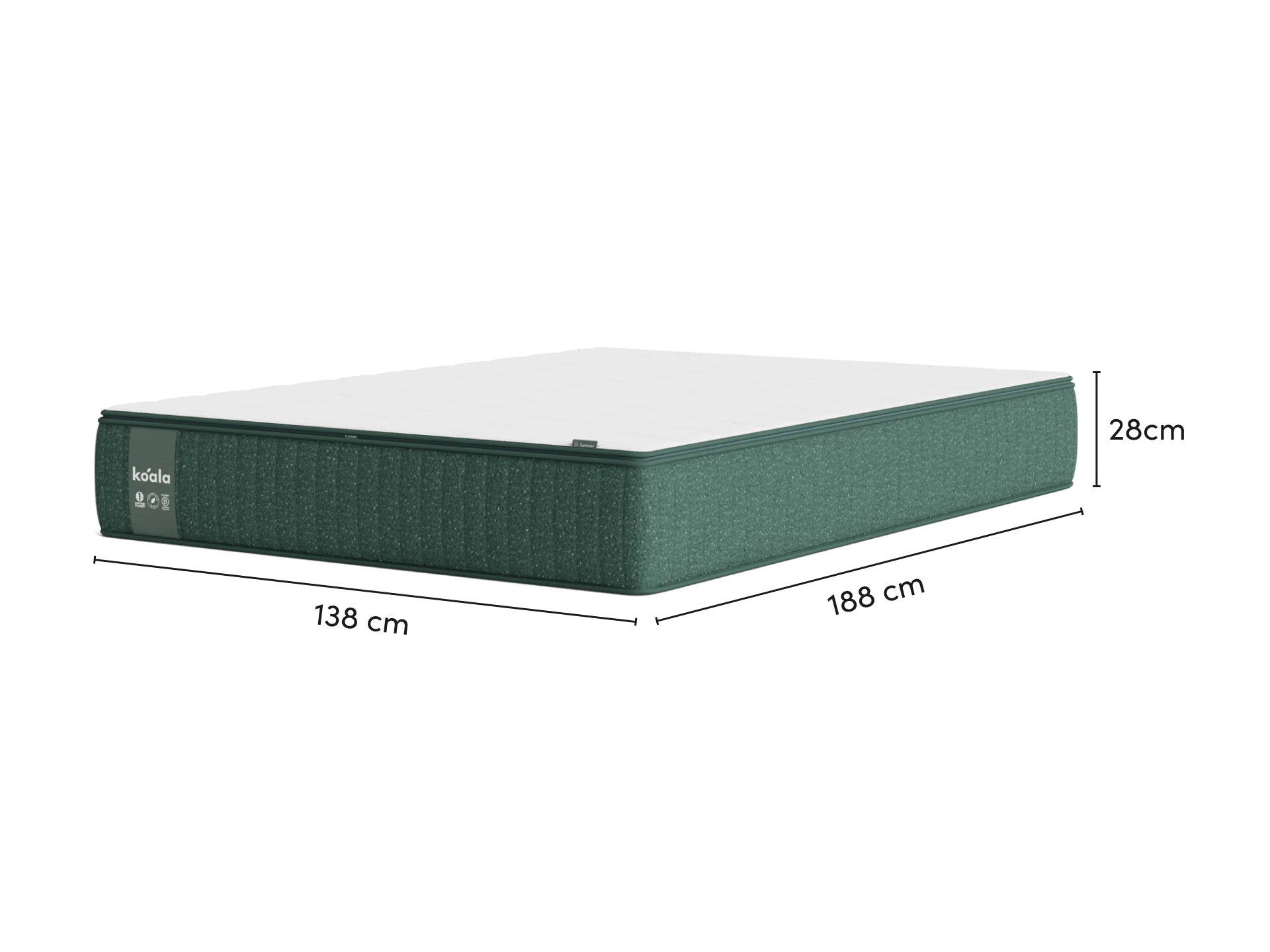 Green mattress with white top surface, showing dimensions: 188cm length, 138cm width, 29cm height. Suitable for optimal comfort.