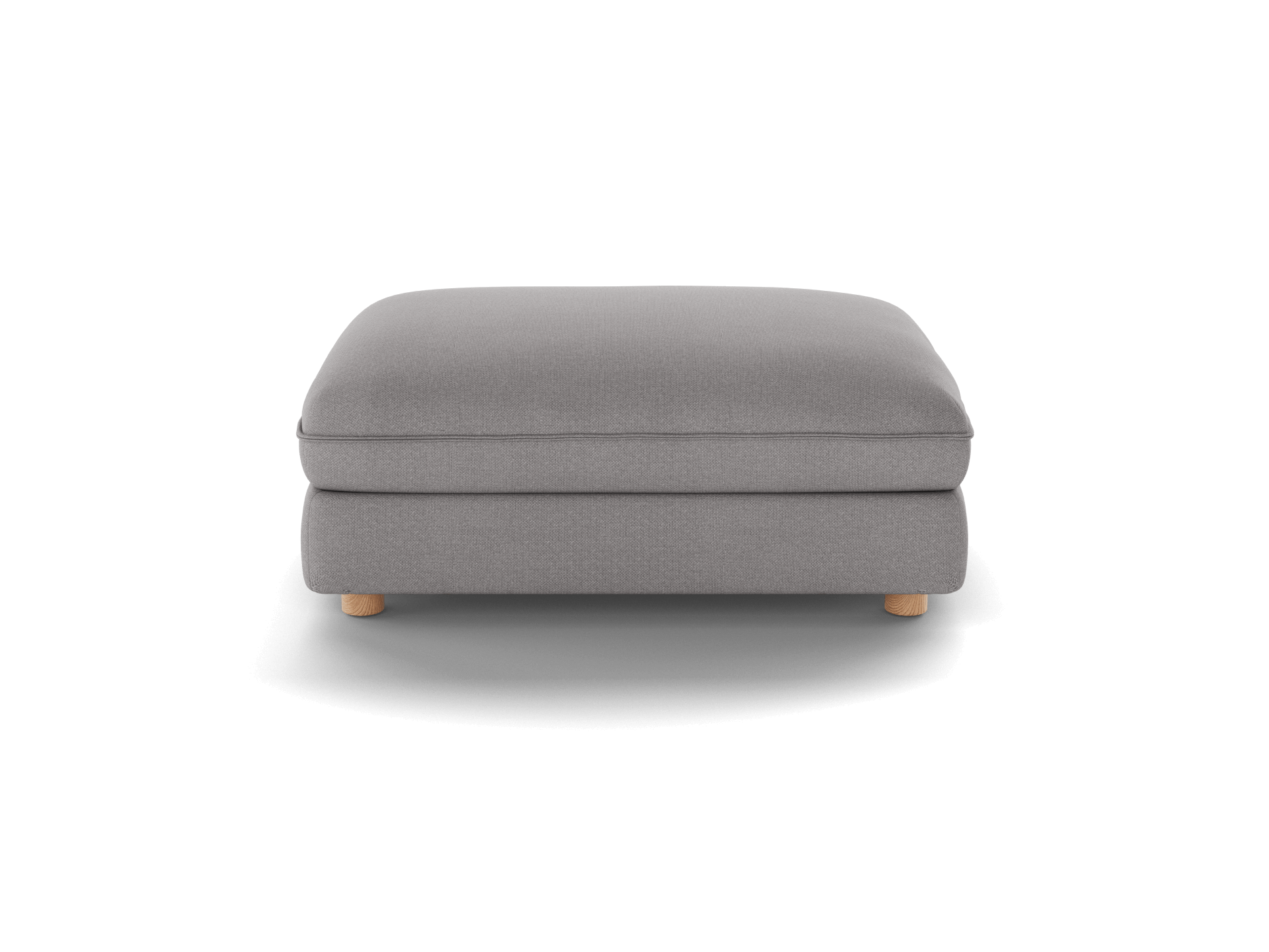 Grey square ottoman with simple design, low wooden legs, and cushioned top. Perfect for living room seating or as a footrest.