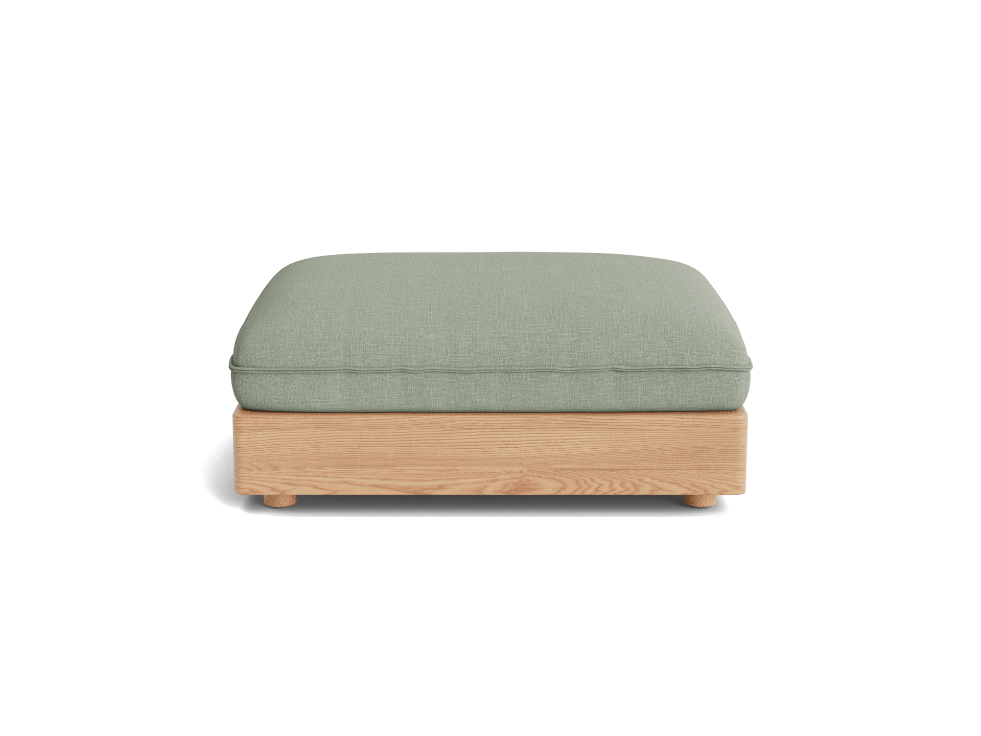 Light green fabric ottoman with a light brown wooden base on a white background. Simple, modern design.