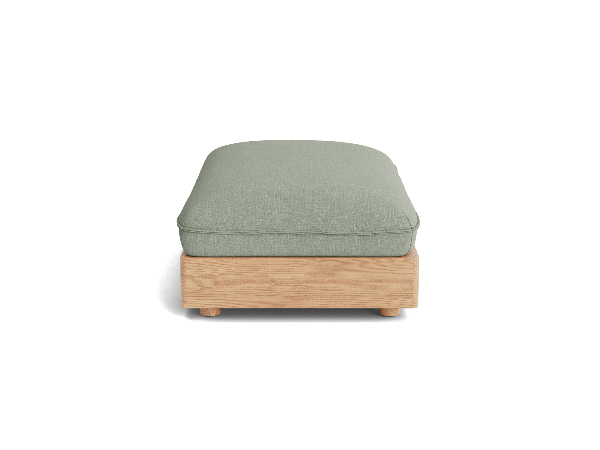 Light green cushioned ottoman with light wood base, viewed from the front. Simple, modern design.