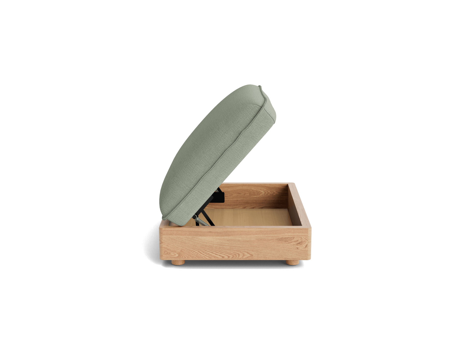 Light green fabric ottoman with an open wooden storage base, viewed from the side. Ideal for stylish storage and seating in modern homes.