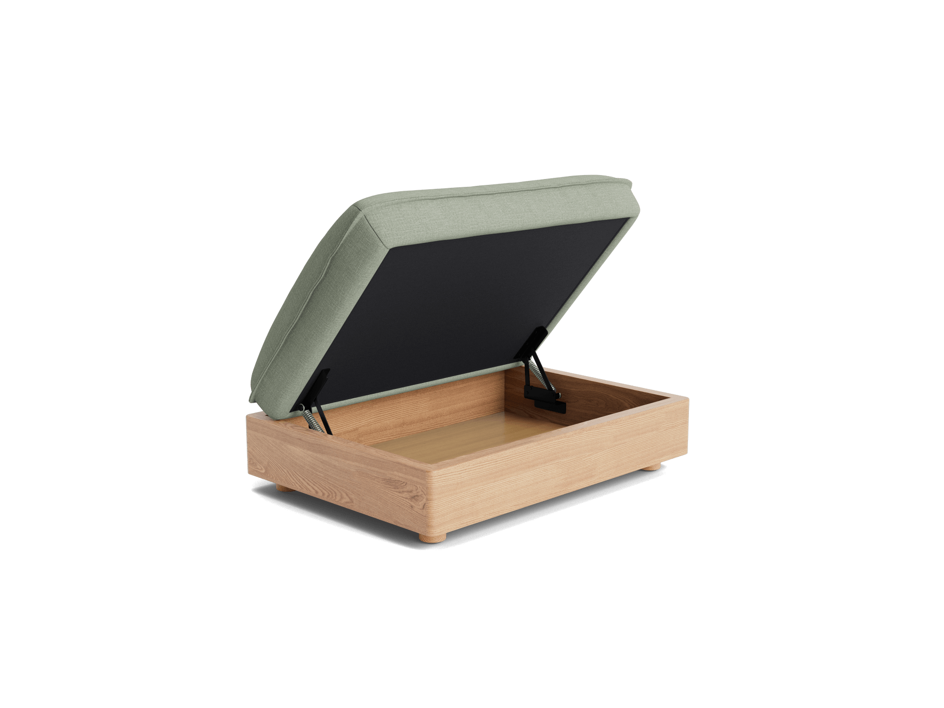 Light wood storage ottoman with a hinged lid upholstered in light green fabric, partially open to reveal interior space.