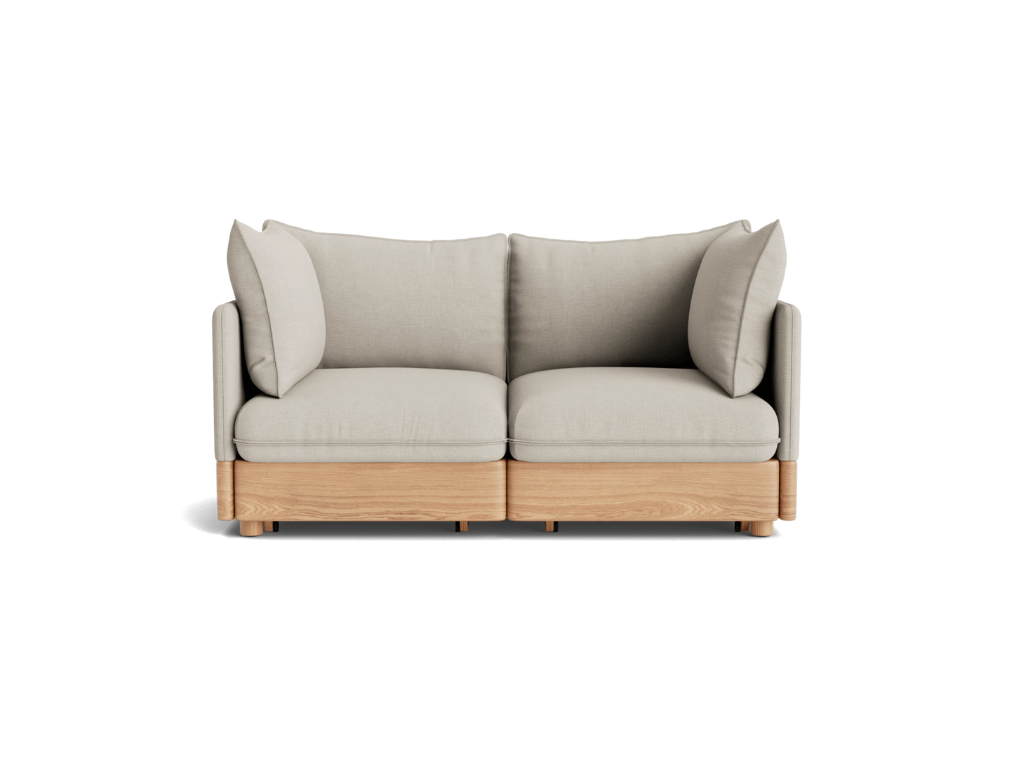 Light grey two-seater sofa with plush cushions and light wooden frame. Modern, minimalist design. Perfect for living room furniture.