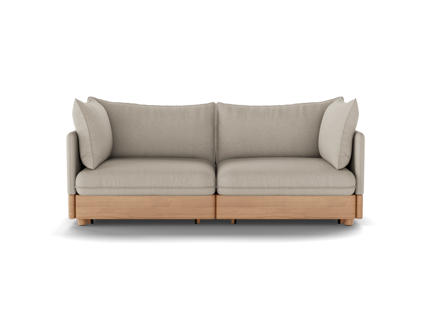 Beige sofa with light wood base and plush cushions. Modern design, two-seater; suitable for living room or office space.