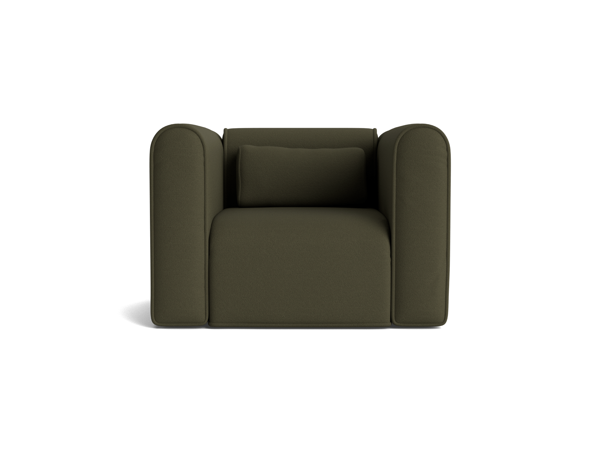 Modern olive green armchair with plush cushions and rounded armrests, set against a plain background.