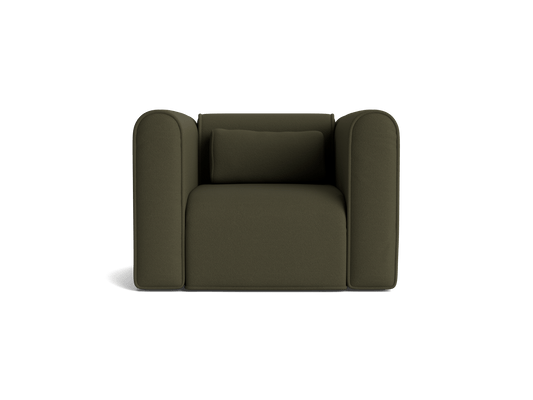 Modern olive green armchair with plush cushions and rounded armrests, set against a plain background.