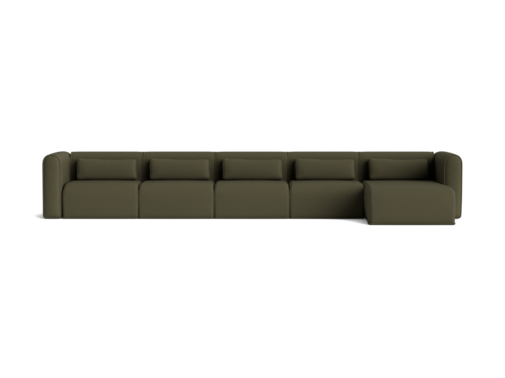 Olive green modular sectional sofa with right-facing chaise, featuring six cushioned seats and a modern, minimalist design.