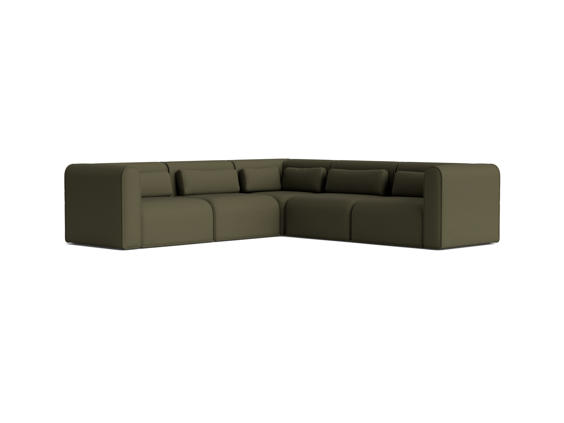Dark green L-shaped sectional sofa with rounded arms and cushioned backrests, ideal for spacious living areas.
