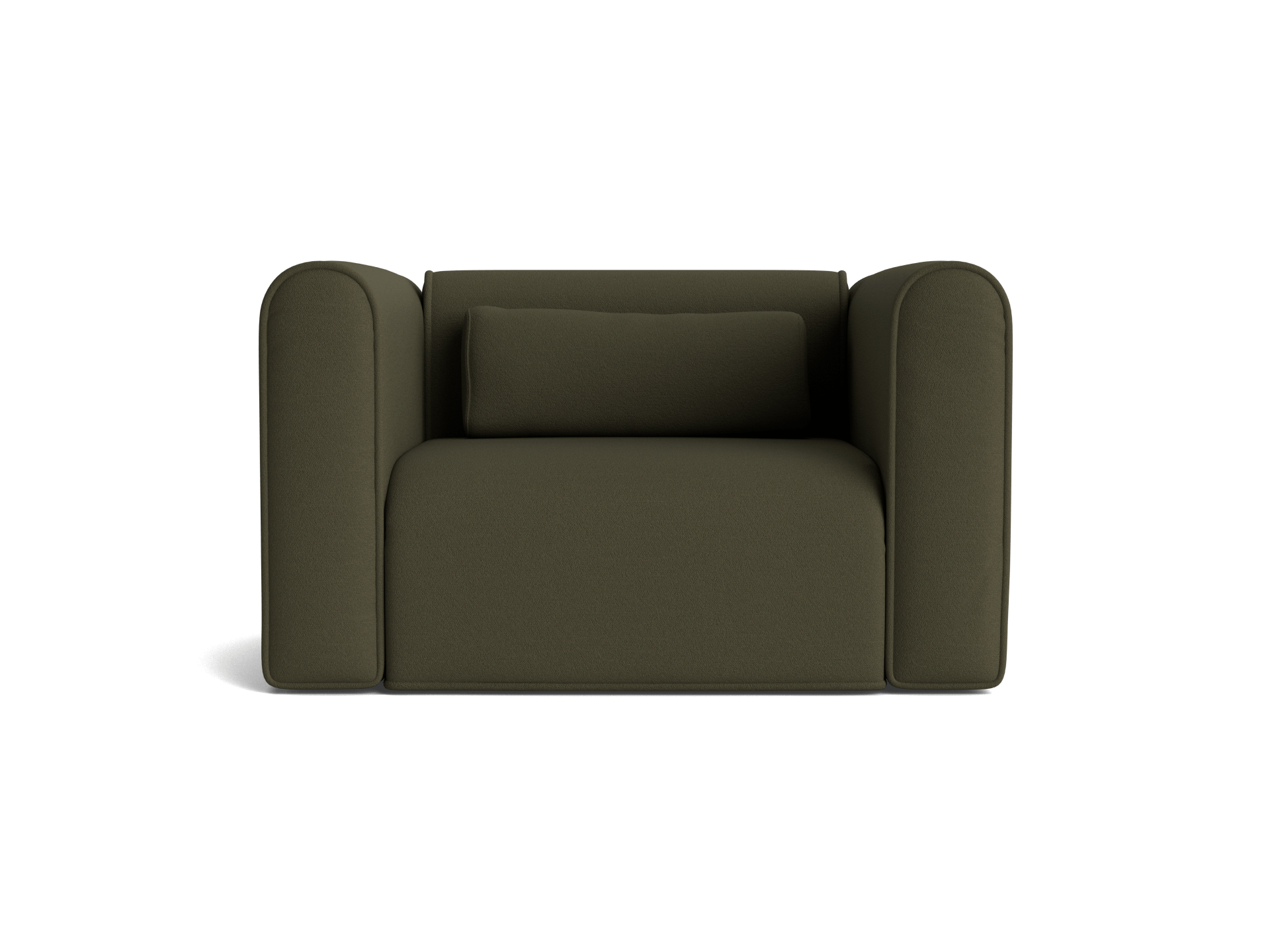 Olive green armchair with cushioned arms and a matching pillow. Modern and minimalistic design. Ideal for living room or office spaces.