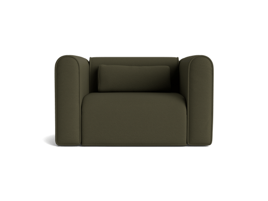 Olive green armchair with cushioned arms and a matching pillow. Modern and minimalistic design. Ideal for living room or office spaces.