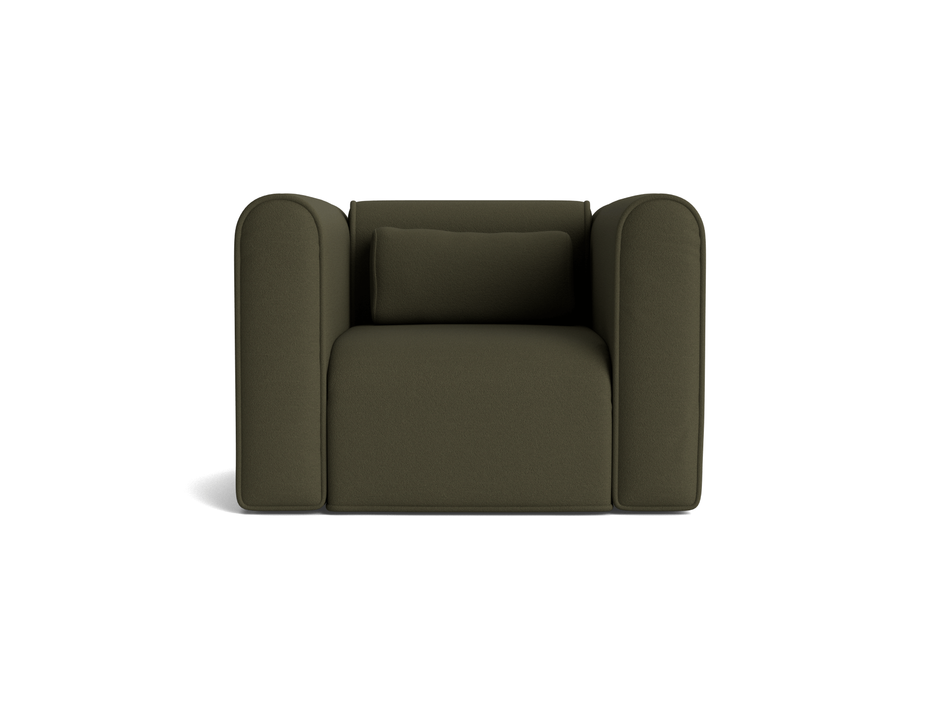 Dark green armchair with rounded armrests and a matching cushion. Modern, minimalist design.