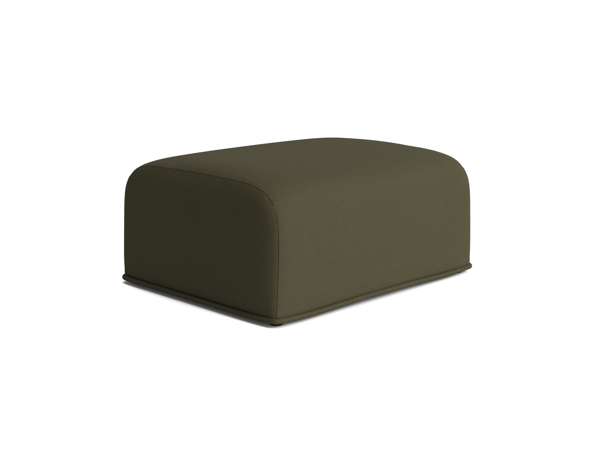 Olive green fabric ottoman with rounded edges on a white background. Modern and minimalist design.