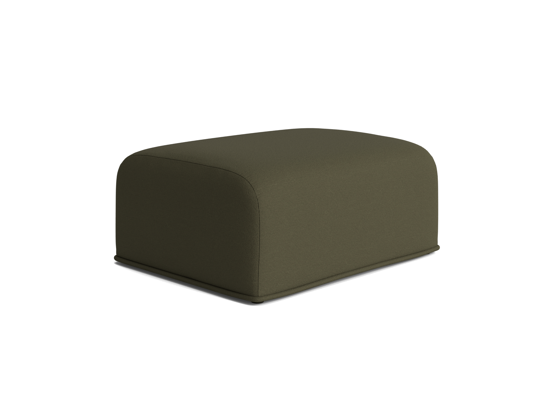 Olive green upholstered ottoman with a minimalist design and rounded edges, set against a plain white background.