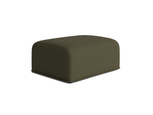 Olive green upholstered ottoman with a minimalist design and rounded edges, set against a plain white background.