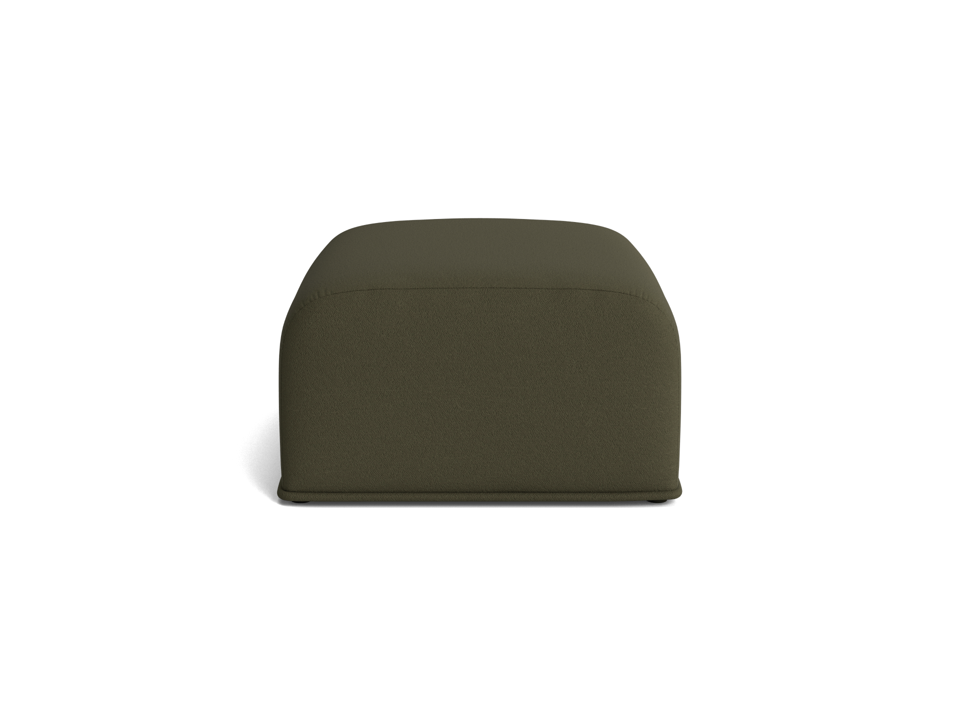 Dark green square ottoman with smooth fabric upholstery, set against a plain background. Ideal for modern living rooms.