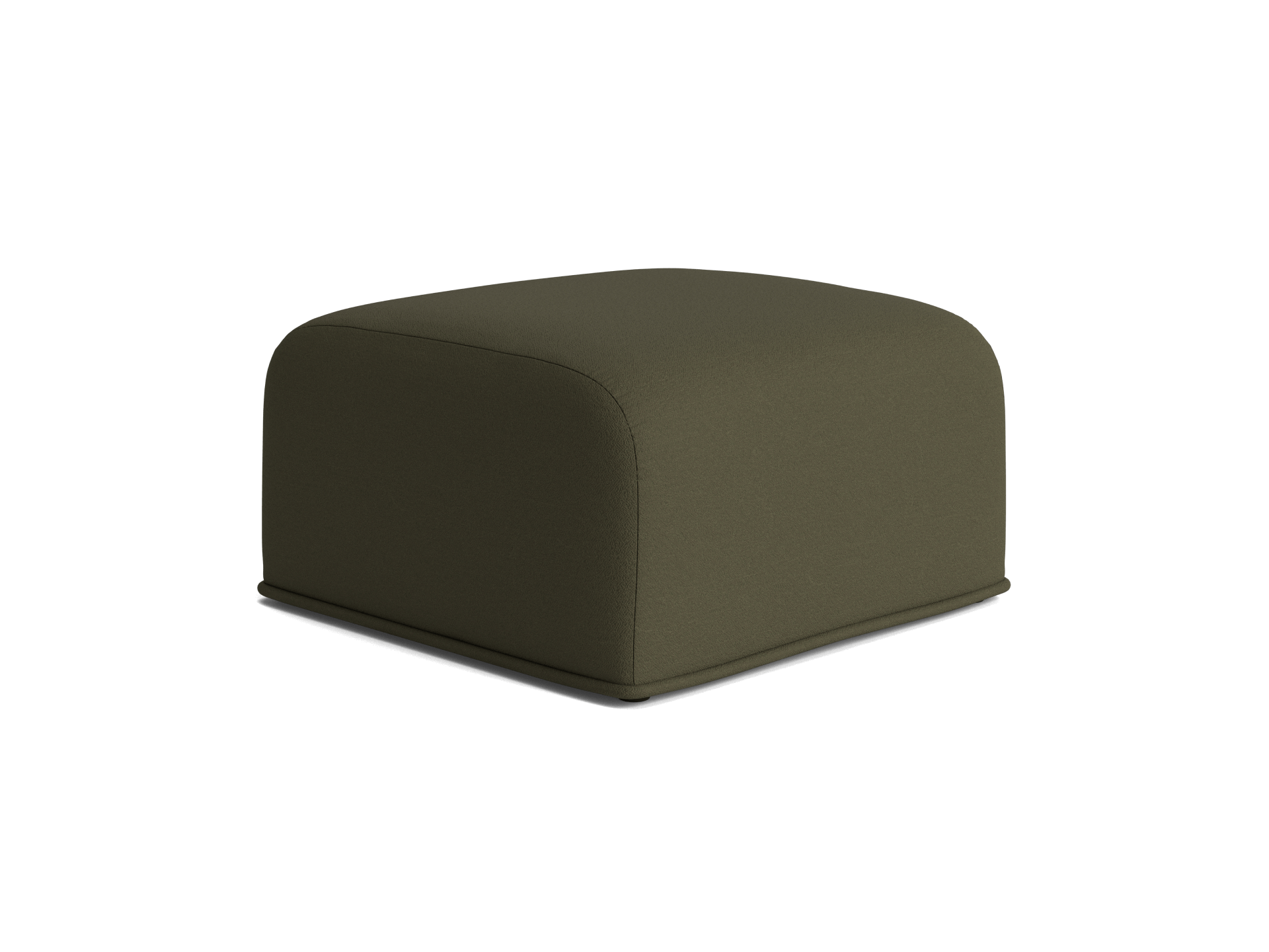 Olive green square ottoman with soft, rounded edges and smooth upholstery, perfect for modern living room decor.