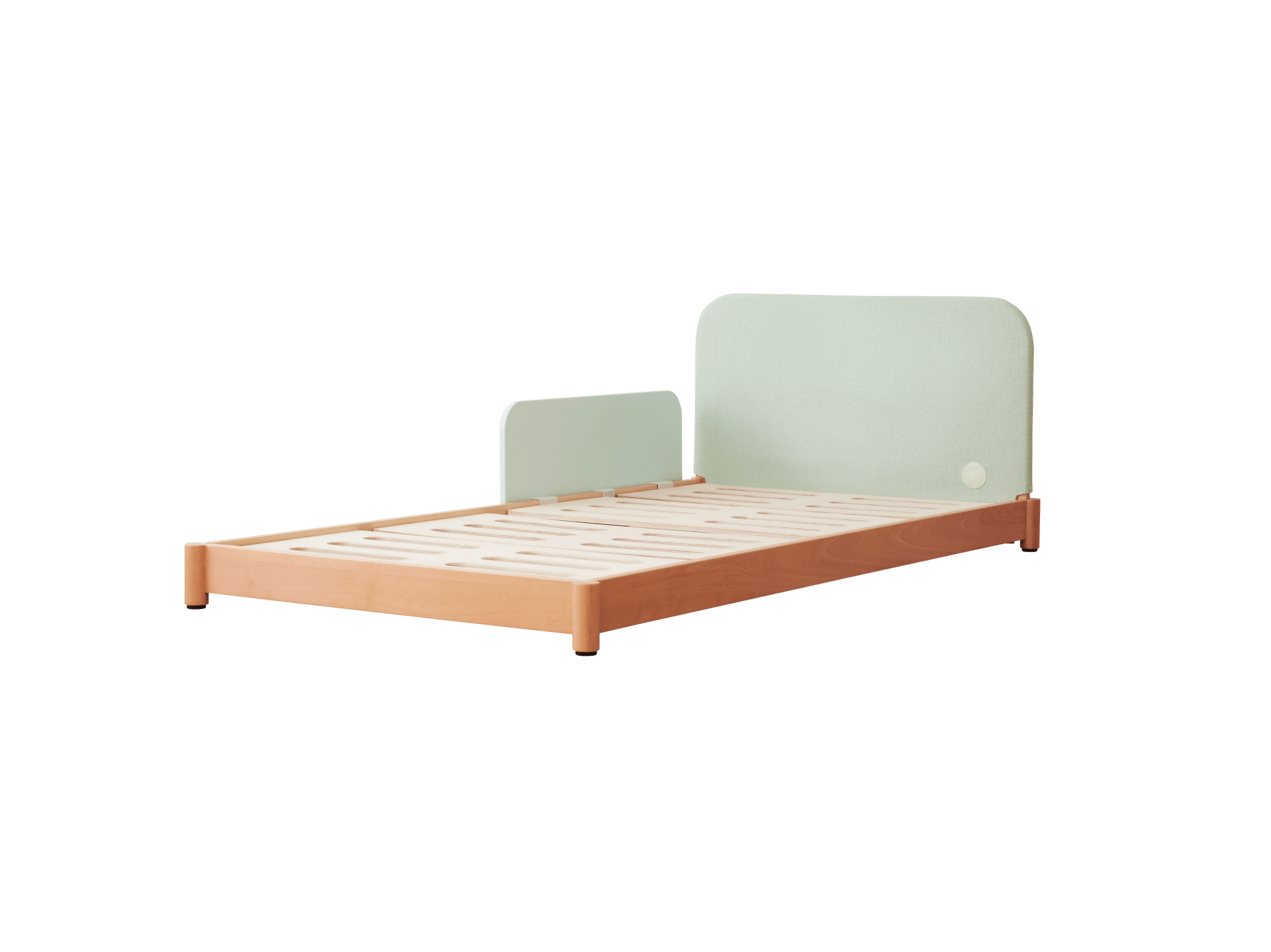 Modern bed frame with light wooden slats, featuring a green glass headboard and footboard. Simple, contemporary design.