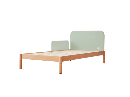 Minimalist bed frame with light timber legs and a light green upholstered headboard and footboard. Simple and modern furniture design.