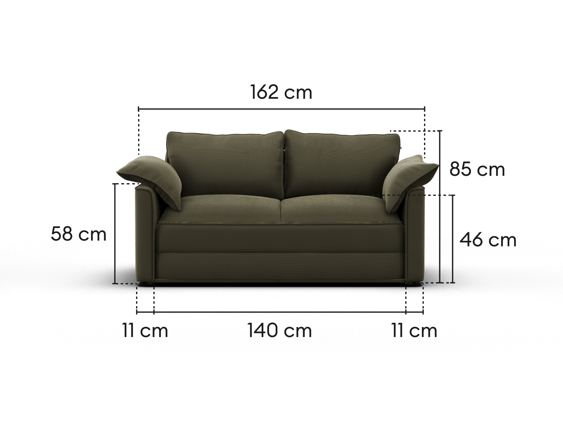 Koala Sofa Bed Double in olive green corduroy unfolded bed mode side profile on grey studio background