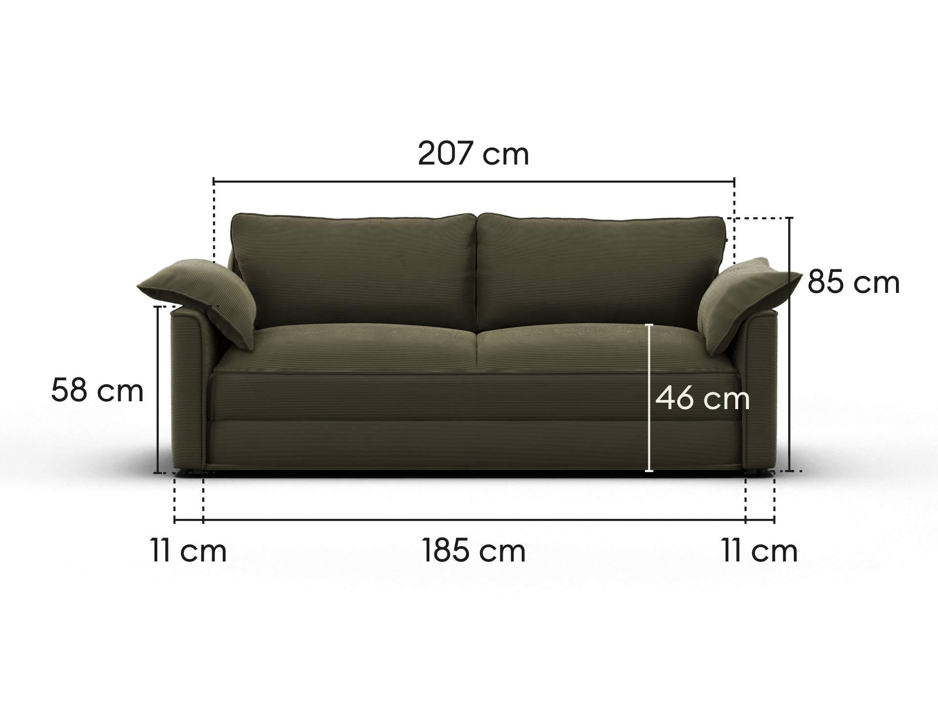 Koala Sofa Bed King in olive green corduroy unfolded bed mode side profile on grey studio background