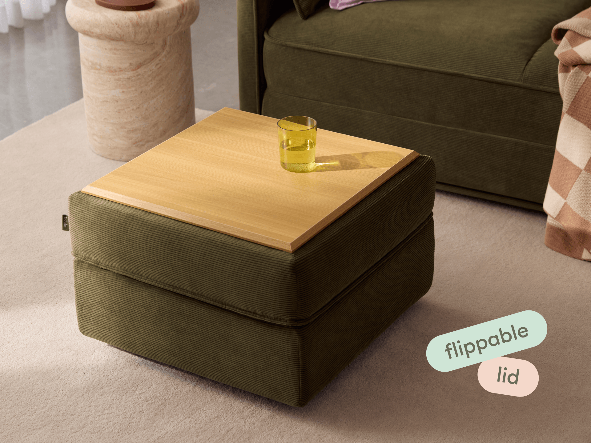 Koala Sofa Bed Ottoman in olive green corduroy close-up with washable changeable fabrics text overlay