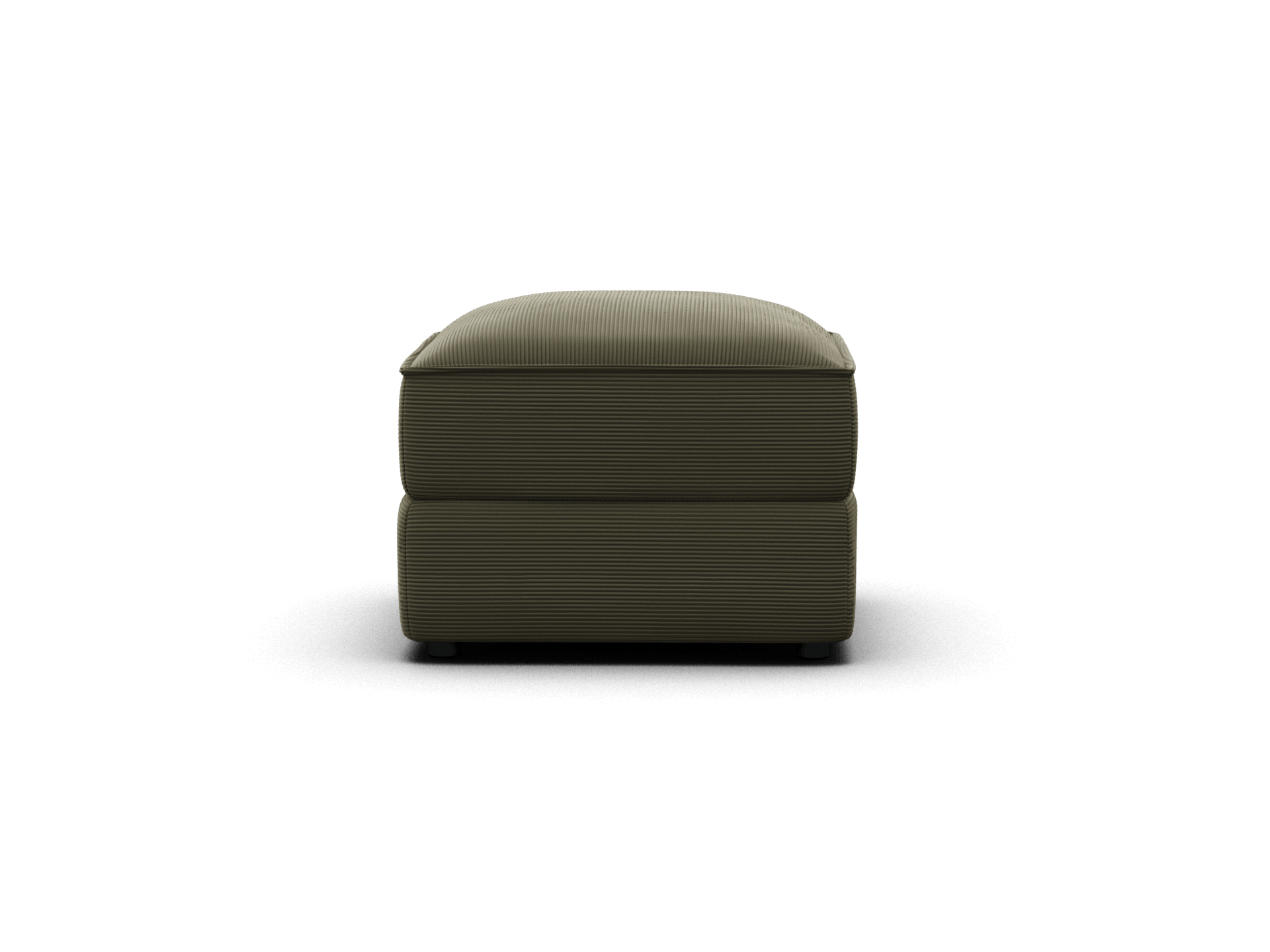 Koala Sofa Bed Ottoman in olive green corduroy in living room with matching sofa and deep seats text overlay