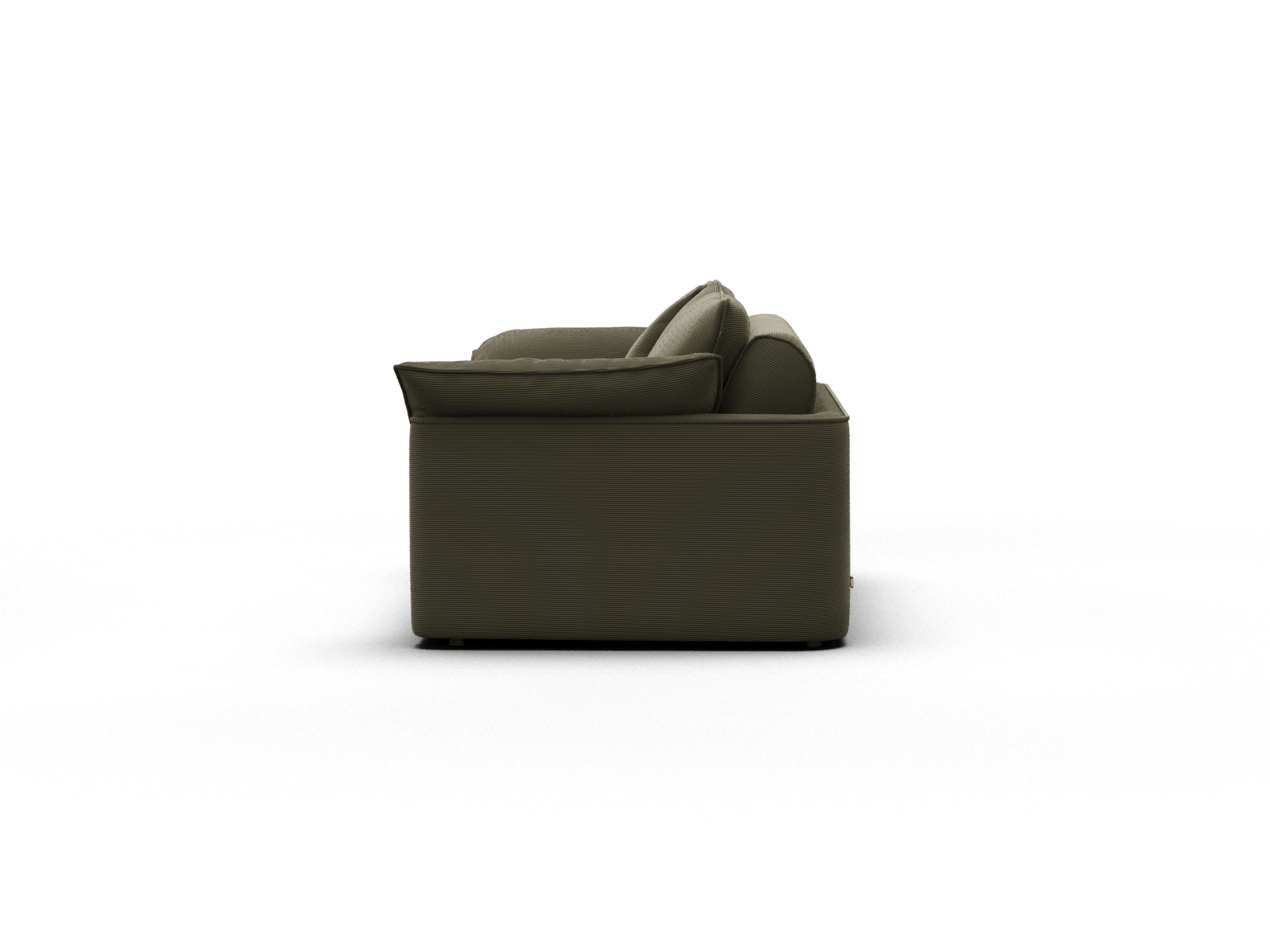 Koala Sofa Bed Queen in olive green corduroy three-quarter angle sofa mode on grey studio background
