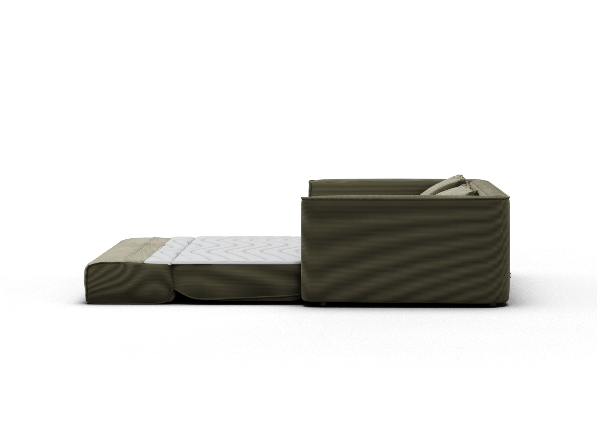 Koala Sofa Bed Queen in olive green corduroy unfolded into bed mode three-quarter view on grey studio background