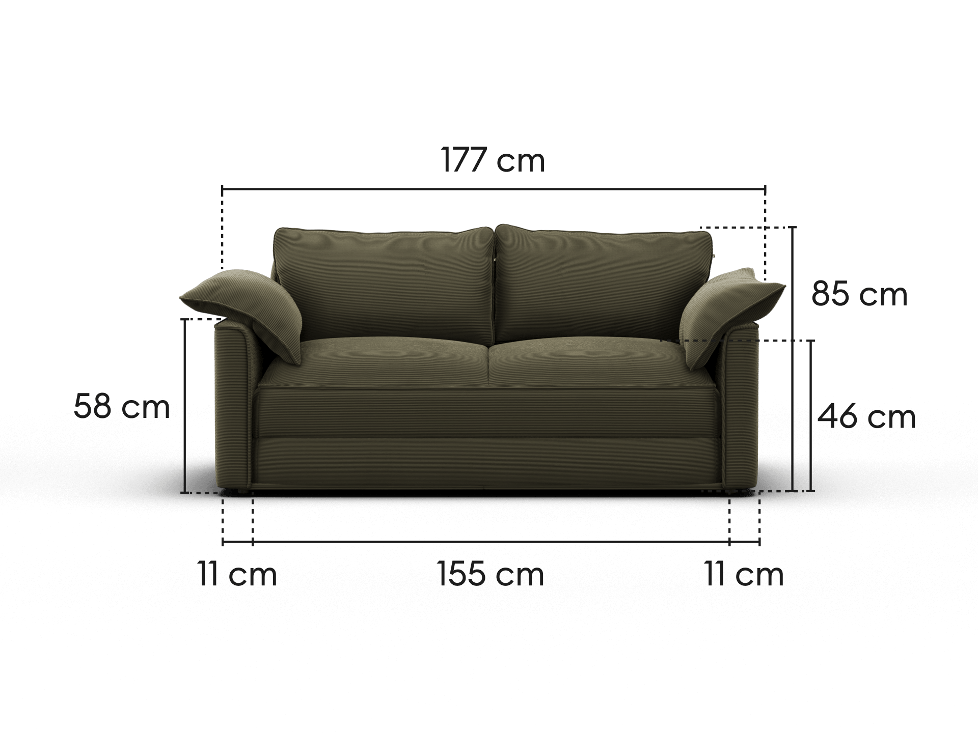 Koala Sofa Bed Queen in olive green corduroy unfolded bed mode side profile on grey studio background