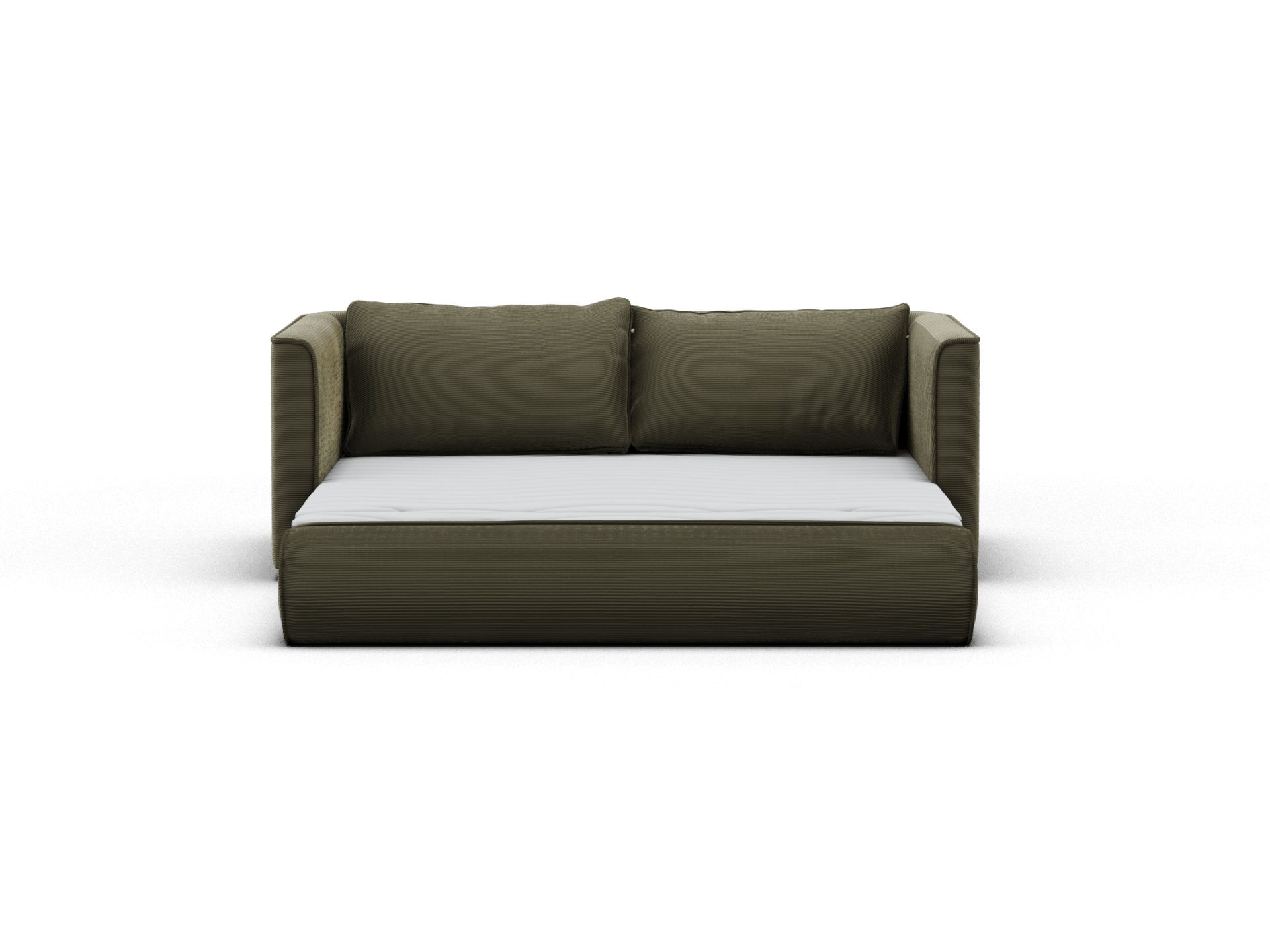Koala Sofa Bed Queen in olive green corduroy three-quarter angle sofa mode on grey studio background