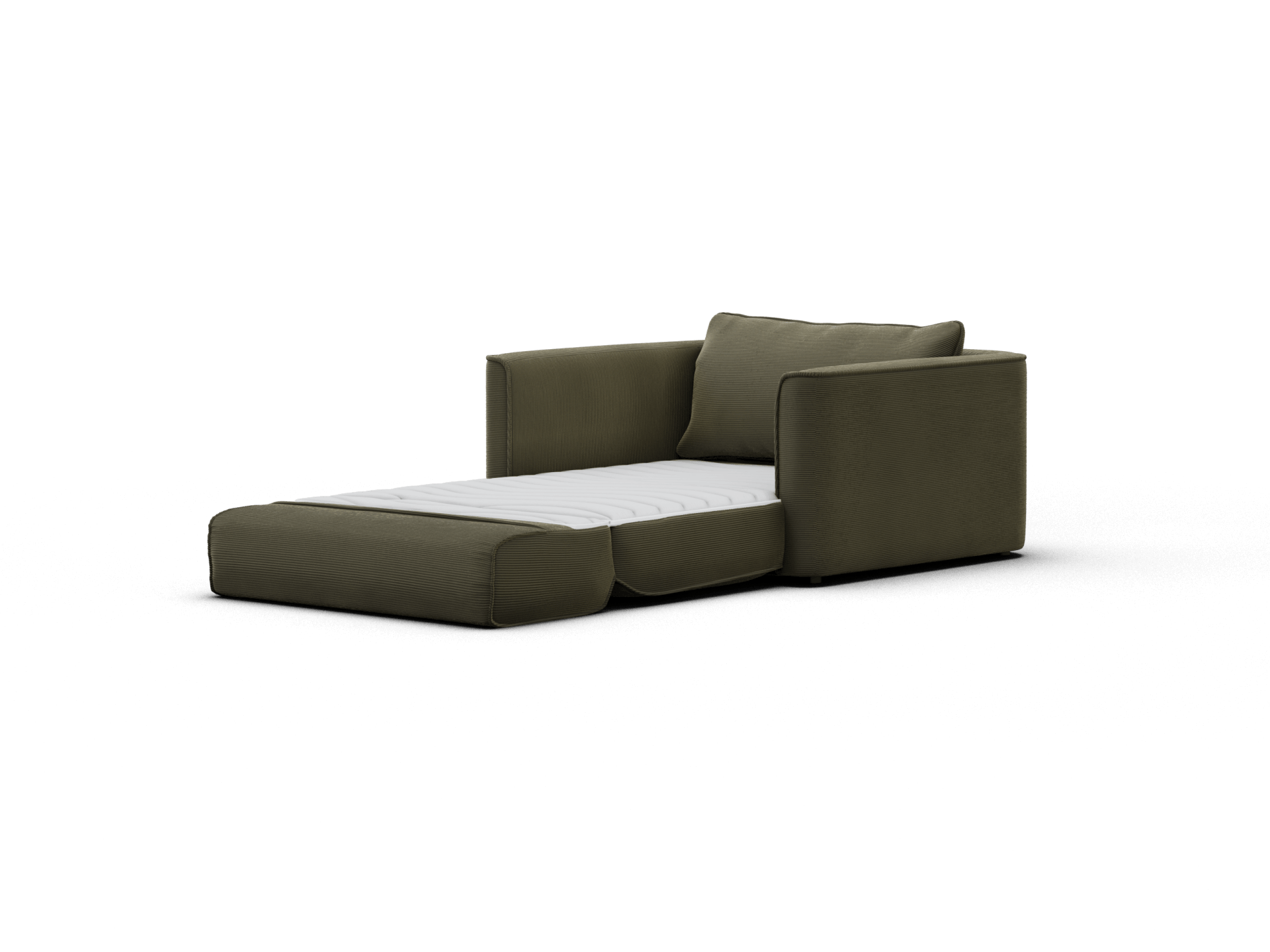 Koala Sofa Bed Single in olive green corduroy three-quarter angle sofa mode on grey studio background
