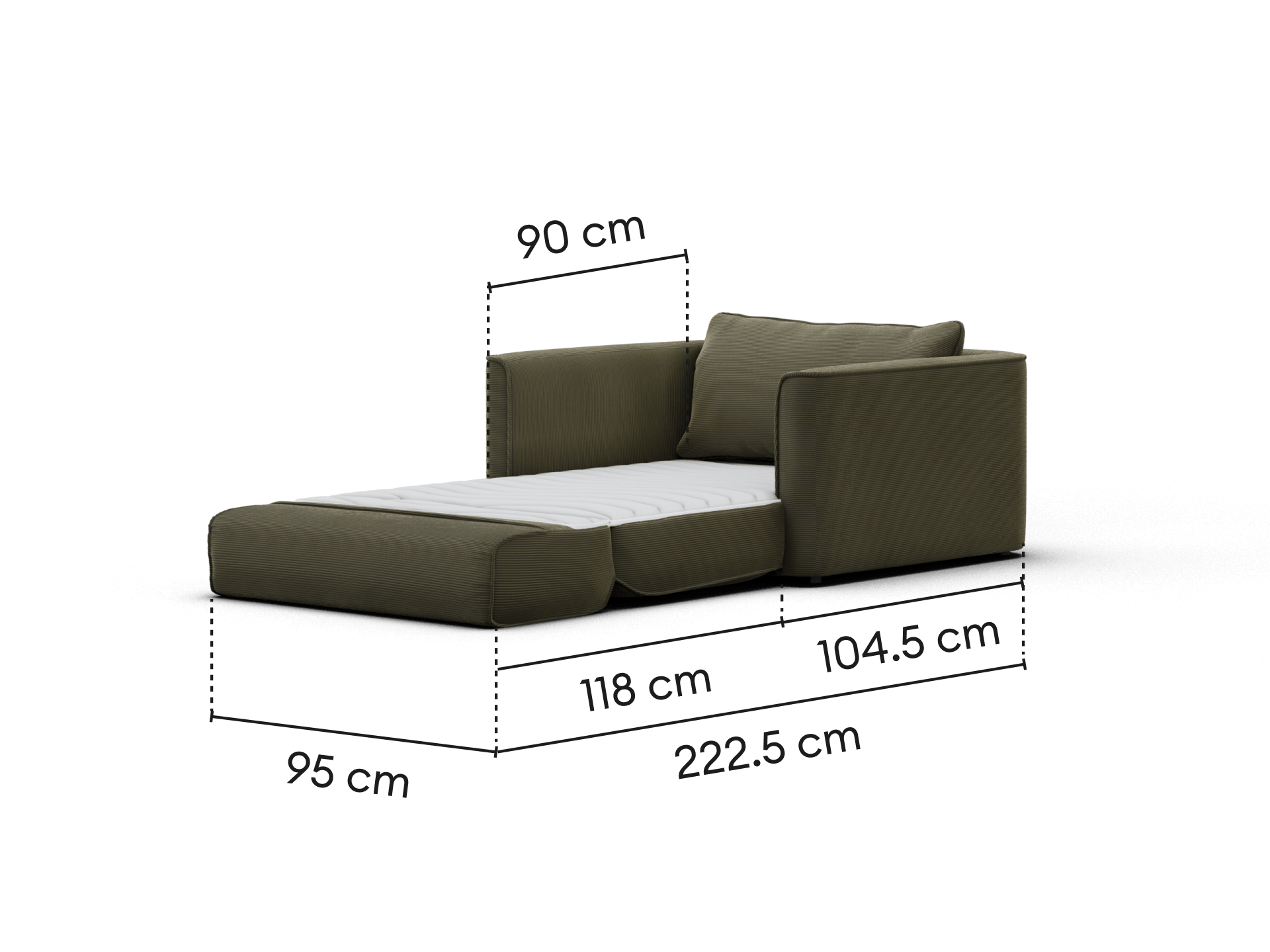 Koala Sofa Bed Single in olive green corduroy sofa mode dimension diagram with width and height measurements