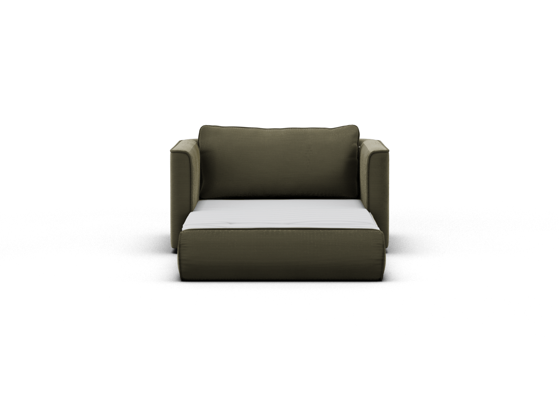 Koala Sofa Bed Single in olive green corduroy studio product view on grey background