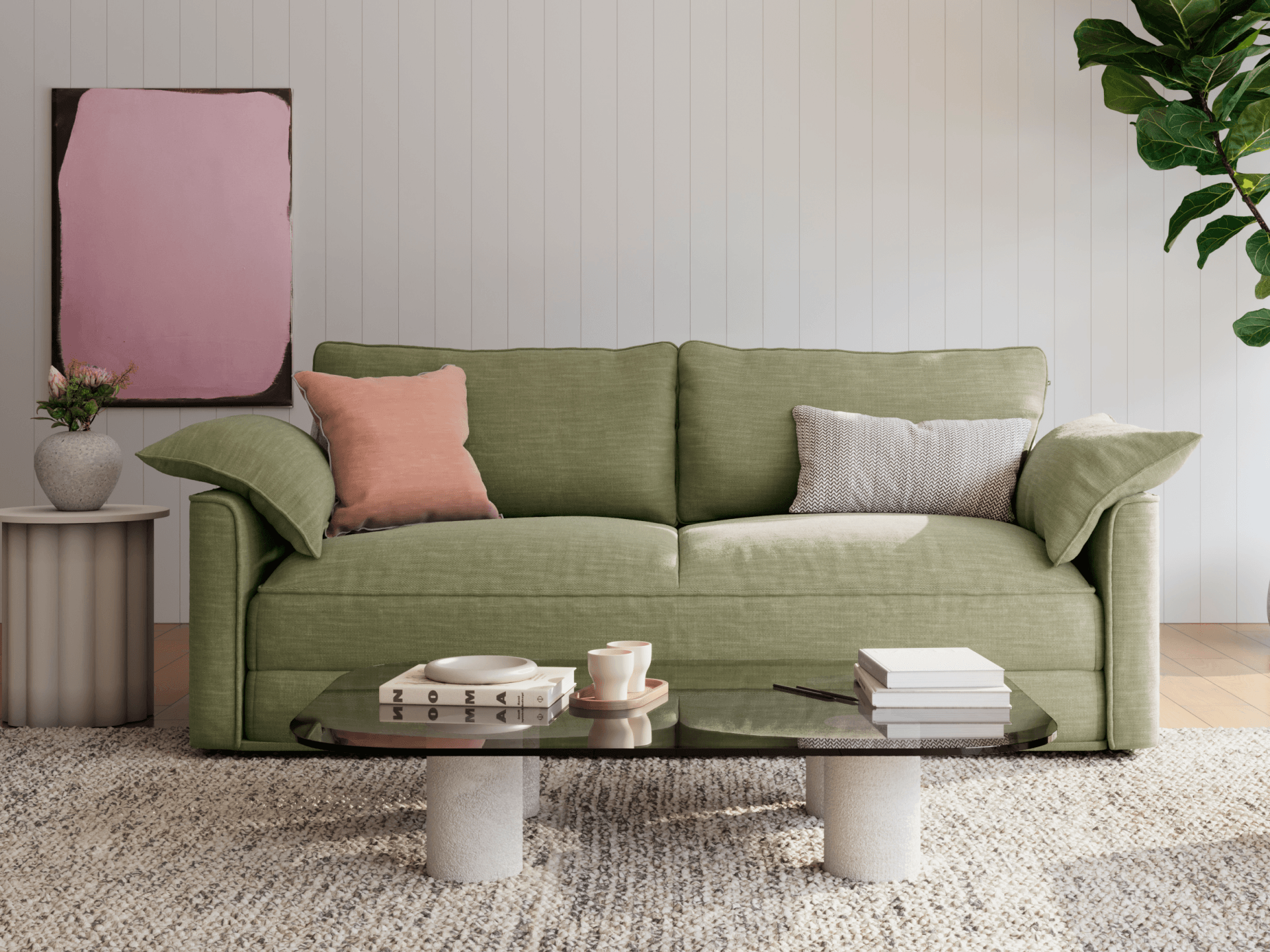 Koala Cushy Sofa Bed in olive green styled in modern living room setting