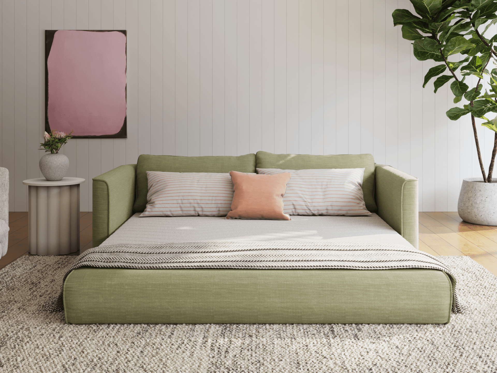 Koala Cushy Sofa Bed in olive green unfolded into bed mode in styled room